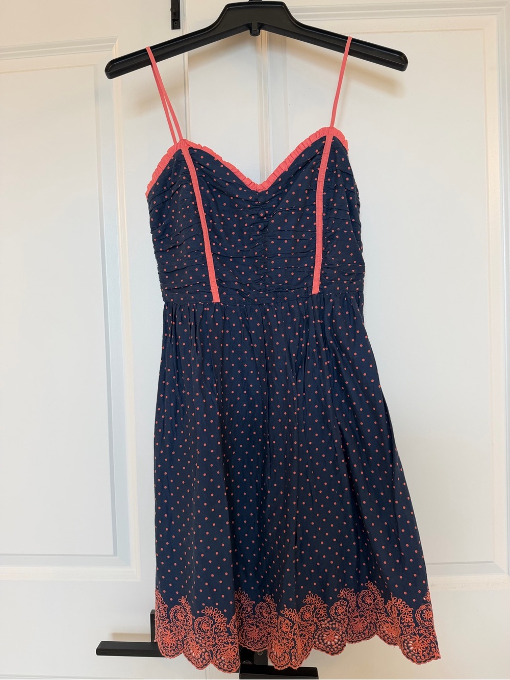 Guess Navy Polka Dot Dress with Ruffle Trim & Embroidery